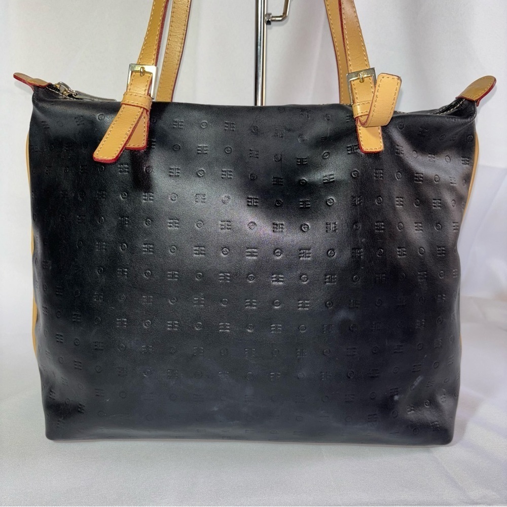 ARCADIA Signature Black w/Tan Leather Straps Tote Shoulder Bag.
